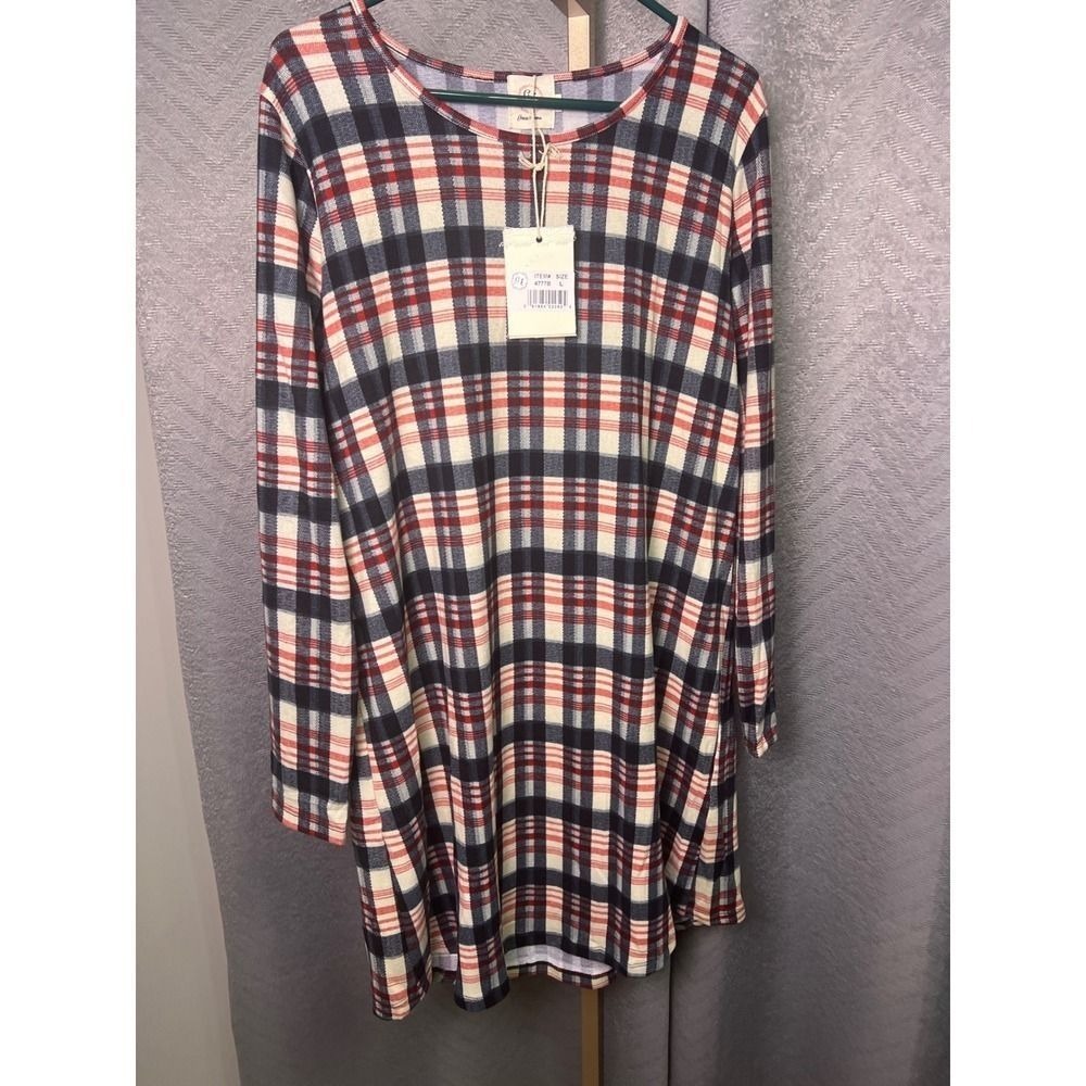 Grace & Emma Plaid Tunic Dress Navy Red‎ Elbow Patches 4777B Womens Sz Large NWT